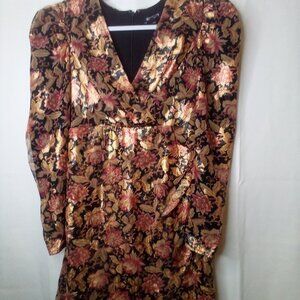 Express Dress Women XS Long Sleeve V-Neck Short Lined Shimmer Floral Black Pink